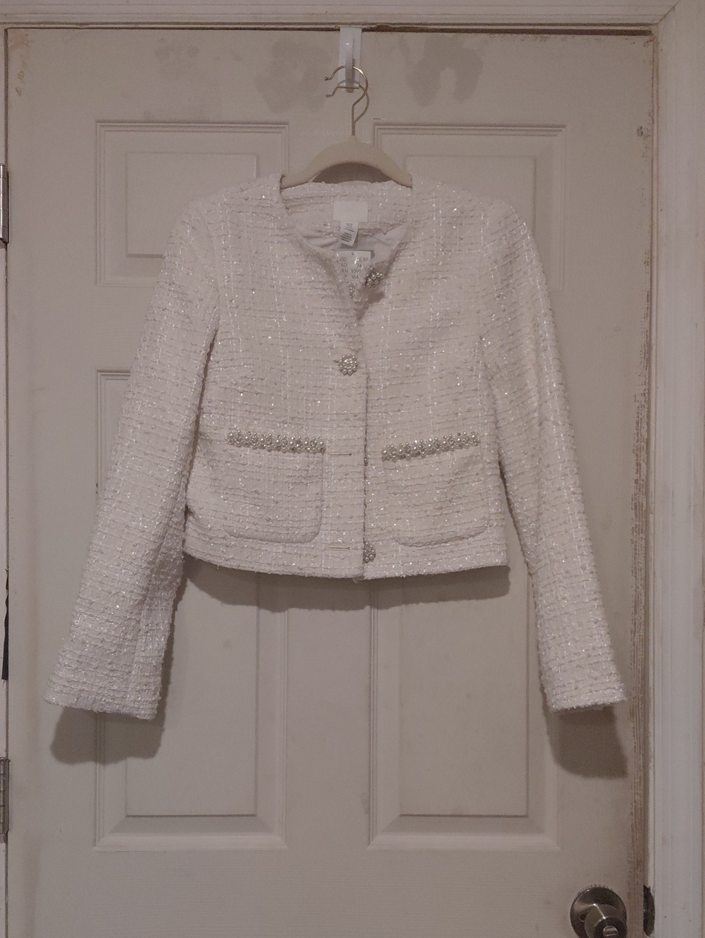 H & M Womens Elegant Women's White Tweed Jacket with Beaded Trim Buttons Size XS